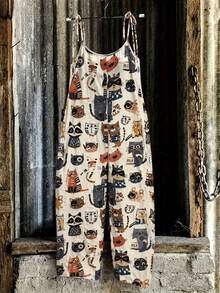 Linhara Plus Size Women's All-Over Print Cartoon Cat Linen Overalls With Shoulder Straps, Loose Wide Leg Fit, Suitable For Daily Wear In Spring And Summer, Jumpsuit - Multicolor - View 1