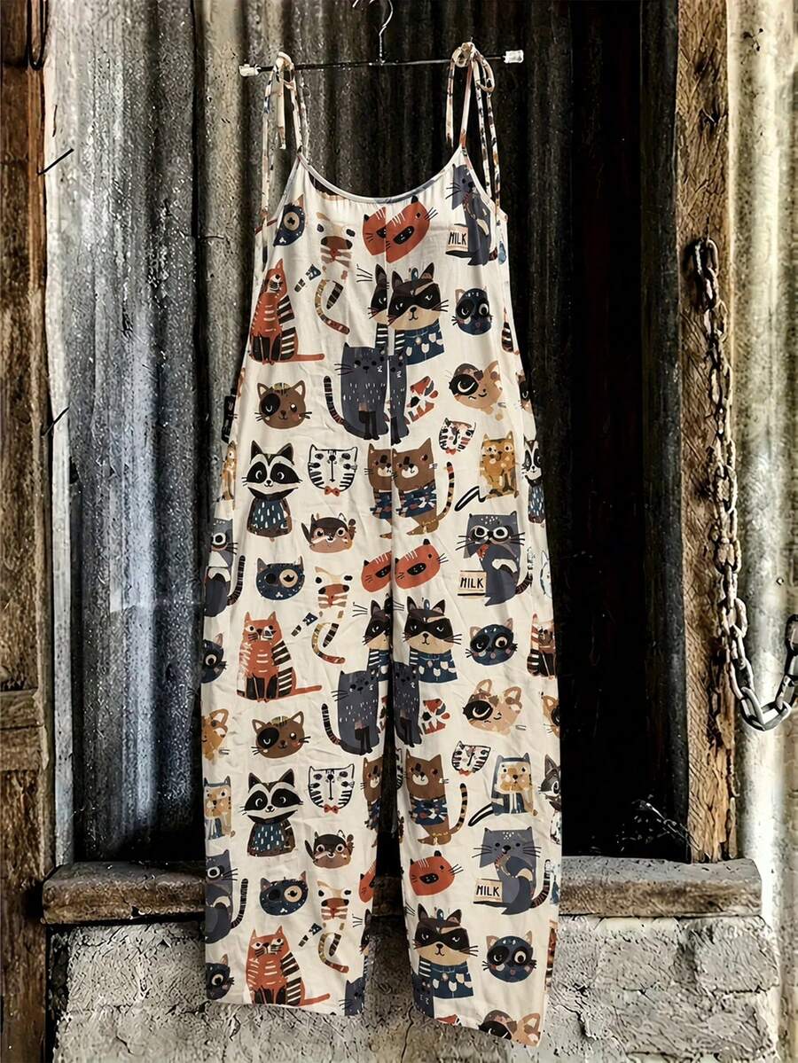 Linhara Plus Size Women's All-Over Print Cartoon Cat Linen Overalls With Shoulder Straps, Loose Wide Leg Fit, Suitable For Daily Wear In Spring And Summer, Jumpsuit - Multicolor - View 1