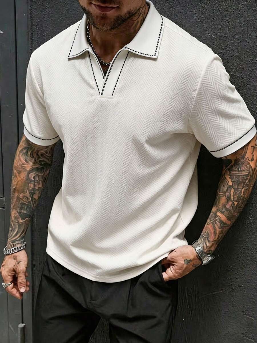 EGENSIO Men's Contrast Color Casual Versatile Daily Travel Short Sleeve Polo Shirt - White - View 1