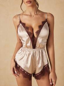 HautHeat Women's Sexy Backless Spaghetti Strap Satin Lace Trim Deep V-Neck Nightgown Jumpsuit - Apricot - View 4