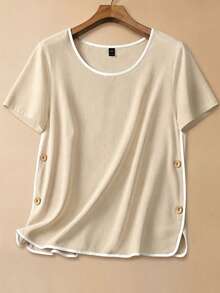 EMERY ROSE Camisa casual de verano talla grande con ribete de bloques de color - Albaricoque - Ver 1