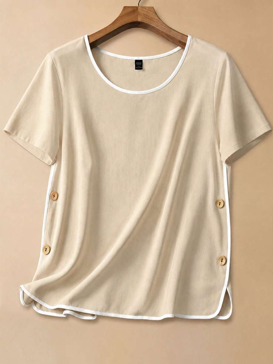 EMERY ROSE Camisa casual de verano talla grande con ribete de bloques de color - Albaricoque - Ver 1