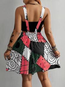 Whyspr Plus Size Spring/Summer Multi-Color Patchwork Suspenders Dress - Multicolor - View 2