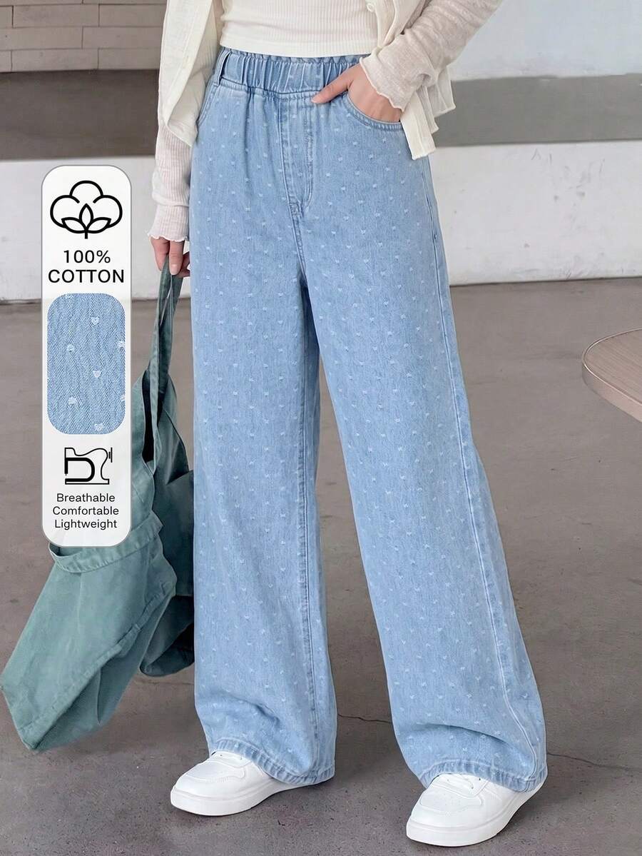 SHEIN 休閒可愛百搭基本款時尚甜美女孩度假蝴蝶結愛心圓點提花舒適寬腿牛仔褲，平底鬆緊腰，口袋設計，適合女孩日常穿著
