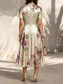 SHEIN Clasi CURVE Plus Size French Vintage Elegant Beige Print Satin Dress, Tummy Control Ruched V-Neck Short Sleeve Tea Dress Vacation Summer - Multicolor - View 2