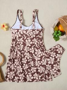 Swim Lushoire Women's Vacation Party Pool Party Beach Textured Multi-Color Print Fabric Wide Strap Swimsuit One-Piece Swim Dress Brown And Turquoise Summer Tropical - Multicolor - View 5