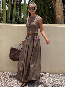 DAZY Spring/Summer New Textured Design Sleeveless Top Skirt Set Women's 2 Pieces Outfit Vacation Coffee Brown Elegant Minimalist - Brown - View 6