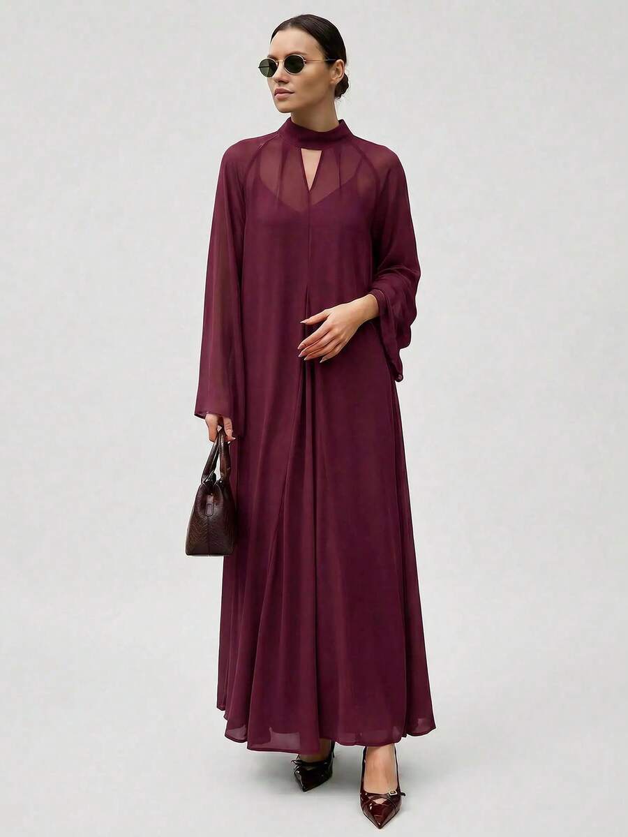 Ontre 2026SS 女款寬鬆雪紡荷葉邊長洋裝,都市通勤商務休閒波希米亞風度假海灘洋裝,優雅婚禮賓客洋裝,海濱洋裝,假期穿搭,辦公室穿著 - 酒紅色 - 查看 1