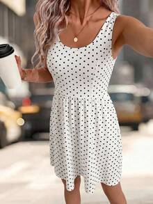 Editum Women's Polka Dot Pleated Casual Cute Party Date Dress White With Black Polka Dots Summer - White - View 6