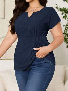 Reflora Kemeja Kasual Lengan Pendek Leher V Warna Polos untuk Wanita Ukuran Besar, Warna Biru Tua, Cocok untuk Musim Panas. - Navy Blue - View 1