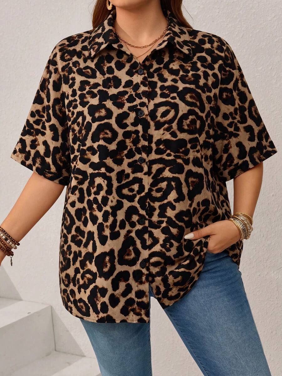 EMERY ROSE Women's Plus Size Loose Short Sleeve Casual Open Front Shirt With Retro Leopard Print, Suitable For Spring And Summer - Multicolor - View 1