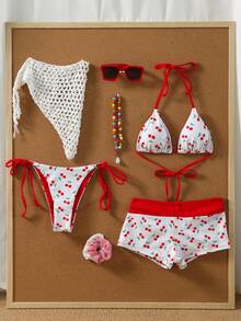 Swim Mod Women's 36SS Spring/Summer New Cherry Print V-Neck Backless Triangle Bikini Set With Bow Tie Decor, 3-Piece Swimsuit For Beach & Holiday Summer Festival Outfits For Women Party Outfit,Beach Outfits Cherry Print Bikini Bathing Suits For Women 3 Piece Bikini Sets For Women Women's Beach Outfits Holiday Outfits For Women Bikini 3 Piece Swimsuit Halter Bikini Top Swim Shorts Women Vacation Aesthetic Bikinis Set For Women - White - View 5