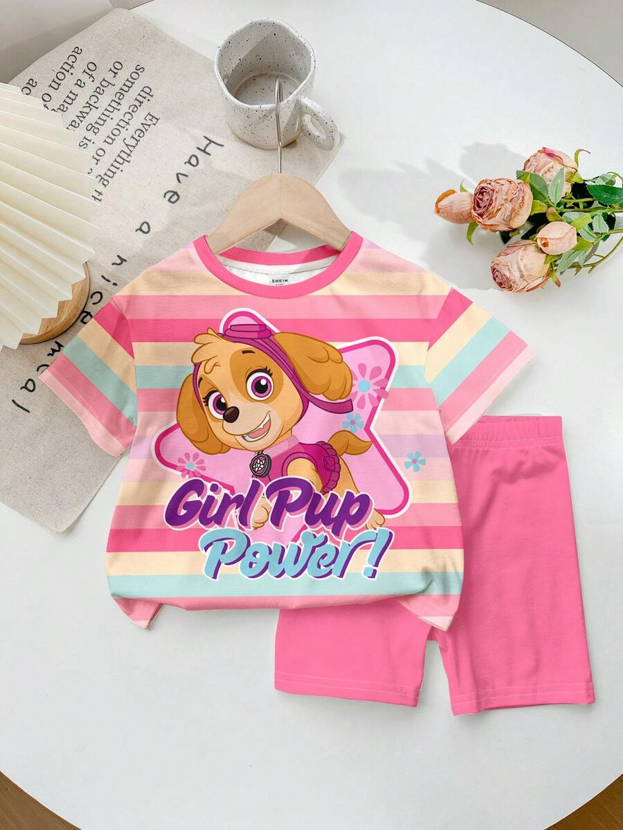 SHEIN | PAW Patrol 女童小女孩休閒經典可愛卡通動漫印花短袖上衣與修身短褲2件套,適合夏季返校穿著 - 彩色 - 查看 1