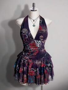SHEIN ICON Plus Size Leopard Print Halter Neck Tie Waist Ruched Multi-Layered Tiered Tulle Dress Vacation Airport Dark Purple Summer Sexy - Multicolor - View 3