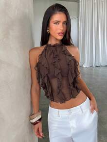 Aloruh New Sexy Backless Lace-Up Design Crop Top, Purple Elegant Multi-Tier Ruffle Decor Halter Backless Vest, Spring/Summer - Coffee Brown - View 7