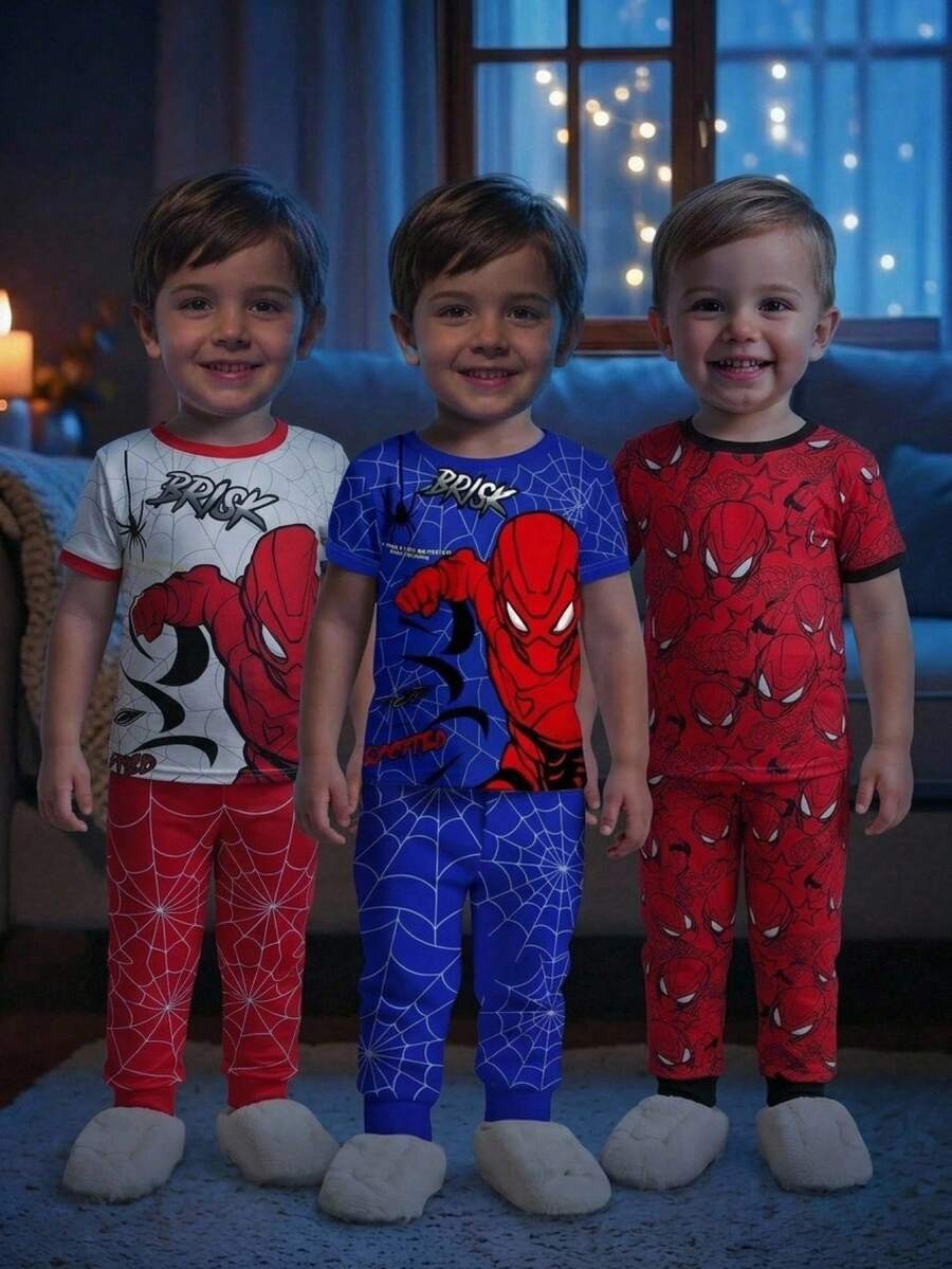 SHEIN 2pcs/Set Young Boy Red Pattern Casual Minimalist Tight-Fitting Comfortable Thick Short Sleeve Round Neck Pants Pajamas, Suitable For Spring/Summer