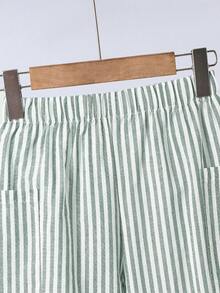 SHEIN 1pc Kids Tween Boy Green & White Pinstripe Elastic Waist Side Large Pocket Casual Long Pants Versatile Comfortable - Green - View 4
