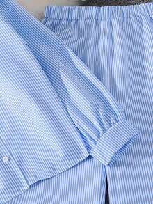 INAWLY Casual Commute Loose Open Front Striped Shirt & Elastic Waist Straight Leg Pants 2 Pieces Set - Blue - View 3