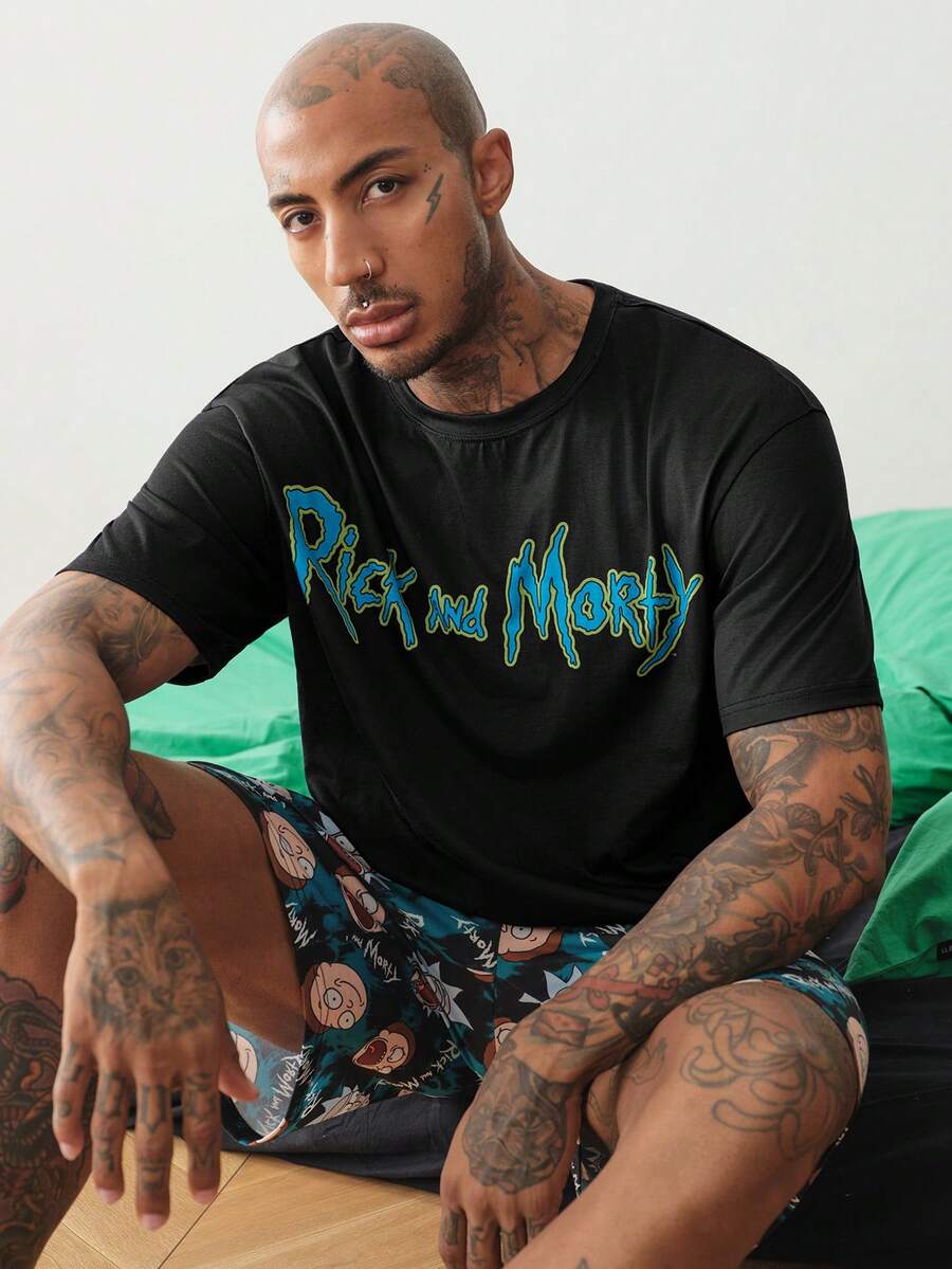 Rick and Morty X SHEIN 男士圓領字母印花短袖上衣與短褲休閒日常居家服套裝 - 黑色 - 查看 1