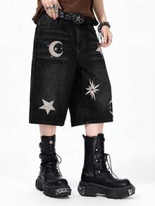 ROMWE MEN Men's Washed Loose Straight Embroidered Denim Shorts - Black - View 6