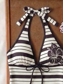 Elavelle Top de bikini tipo tank top con tirantes finos y lazo, estampado aleatorio, para mujer, primavera/verano - Multicolor - View 5