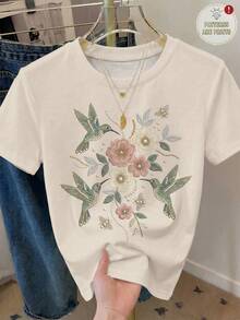 SHEIN VCAY 大尺碼女款休閒T恤，仿刺繡設計，仿珍珠圖案印花T恤，圓領 - 彩色 - 查看 1