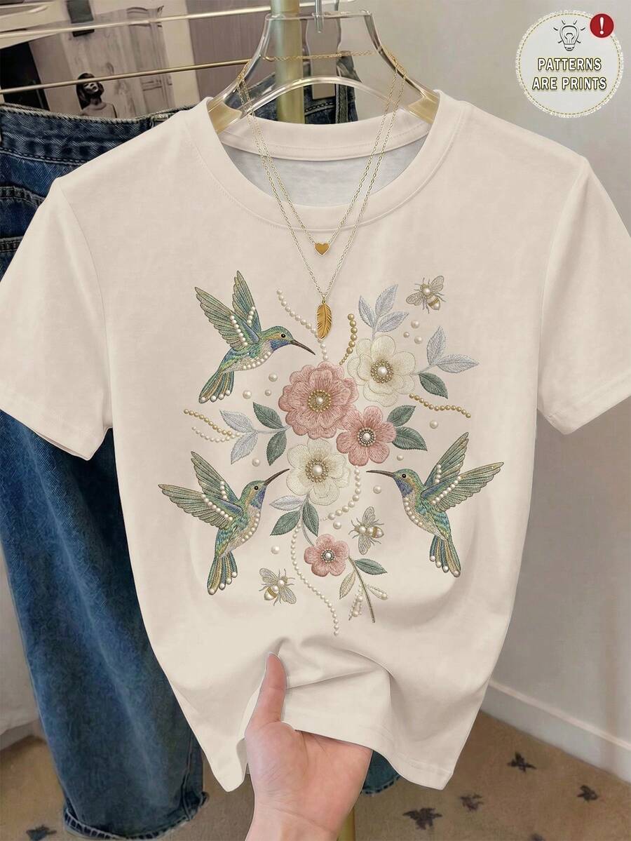 SHEIN VCAY 大尺碼女款休閒T恤,仿刺繡設計,仿珍珠圖案印花T恤,圓領 - 彩色 - 查看 1