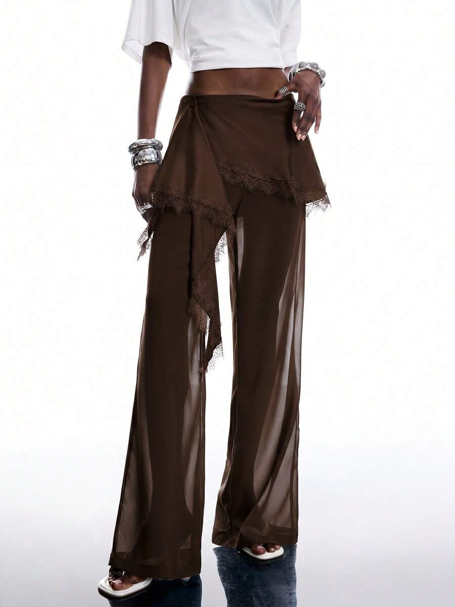 LYSMO Women's Solid Color Contrast Lace 2 In 1 Fashion Long Pants Night Party Vacation Dark Brown Summer Disco Sexy Y2k - Coffee Brown - View 1