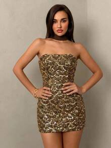 SHEIN Glamour 女款亮片抹胸貼身時尚短洋裝 - 咖啡 - 查看 5