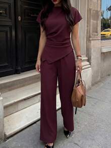 Firerie Women's Casual Elegant Plaid Asymmetric Hem Shirt And Wide Leg Pants 2pcs Set, Suitable For Commuting Dinner Office, Fashion Business Wear Burgundy - Burgundy - View 5