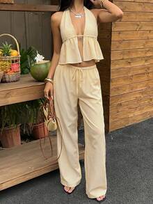 SHEIN EZwear 鵝黃色條紋編織女款休閒套裝 - 鵝黃色 - 查看 6