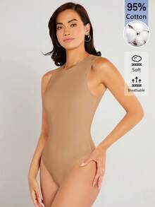 SHEIN BASICS 女款素色圓領休閒背心連身衣 - 杏色 - 查看 5