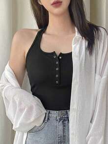 DAZY 女款夏季休閒百搭純色露背掛脖上衣 - 黑色 - 查看 4