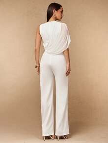 Silquee Spring/Summer Women's Mesh Patchwork Round Neck Sleeveless White Jumpsuit With Mesh Fabric Drape Office Bachelorette Party Wedding Outfits Elegant - Apricot - View 2