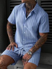 SLATEMANN 男士休閒條紋襯衫與短褲套裝 - 藍色 - 查看 4