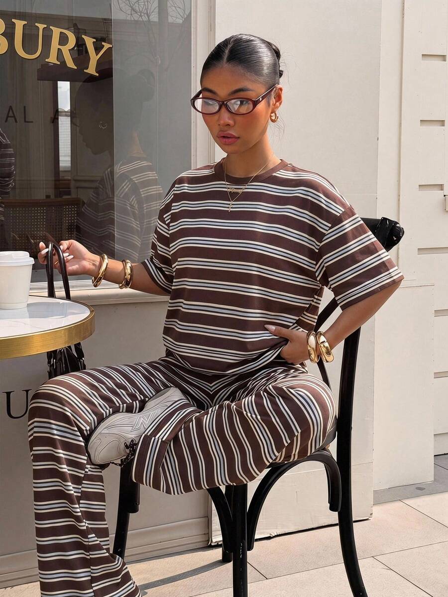 Muchica 2pcs/Set Women's Loose Striped Crew Neck Dropped Shoulder Short Sleeve T-Shirt And Elastic Waist Striped Pants, Winter Sweater Set, Autumn/Winter Casual Set, New Year Outfit, Christmas Pajamas, Brown, Short Sleeve 2pcs/Set, Women's Comfortable Spring 2pcs/Set, Preppy Print Pattern, Women's Outing Outfit, Women's Summer Outfit - Multicolor - View 1