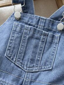 SHEIN Girls' Summer New Basic Mid-Blue Washed Cotton Denim Overall Straight Leg Shorts, Soft Cotton Fabric, Suitable For Holiday, Daily Wear, School, Commute, Party, Festival - Light Wash - View 6