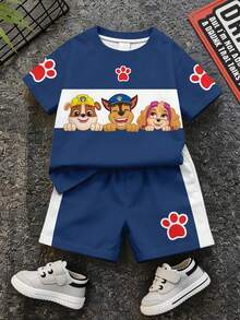 SHEIN | PAW Patrol 小男孩休閒簡約T恤套裝，經典配色拼接圖案印花，經典勇敢動畫圖案印花，Chase、Rubble、3D圖案印花，精緻徽章Logo圖案印花 - 彩色 - 查看 2