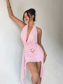 Aloruh 春夏新款性感派對音樂節婚禮季海灘度假綠色網紗深V掛脖露背貼身不對稱荷葉邊迷你洋裝，聖帕翠克節洋裝，波西米亞風音樂節洋裝 - 粉色 - 查看 5