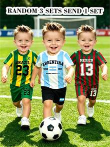 RANDOM 3 SETS ENVIAR 1 SET, Conjunto Combinado Estilo Deportivo de Verano. Incluye Estilos con Tema de la Copa de Fútbol con Camiseta Estampada a Rayas Amarillas & Verdes de Brasil + Pantalones Cortos, Jerseys con Temas de Varios Países - Multicolor - Ver 3