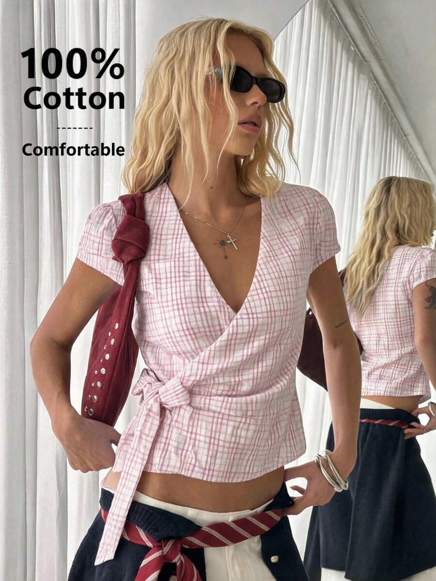 TRNVIE Women's Plaid Print V-Neck Wrap Tie Front Short Sleeve Blouse, Summer - Pink - View 1