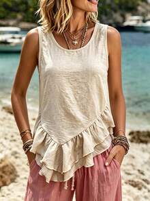 SHEIN Fiorisel Women's Solid Color Pleated Casual Boho Versatile Daily Wear Top Vacation Holiday Beige Summer - Apricot - View 5