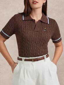 Briarwyn Women's Cartoon Bear Pattern Short Sleeve Casual Knit Top - Brown - View 3