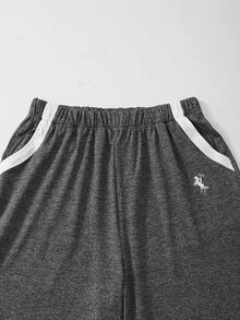 SHEIN 一件式短袖休閒偏移印花春夏季青少年女孩通勤套裝，運動休閒直筒褲，短袖輕便舒適兩件套 - 灰色 - 查看 5