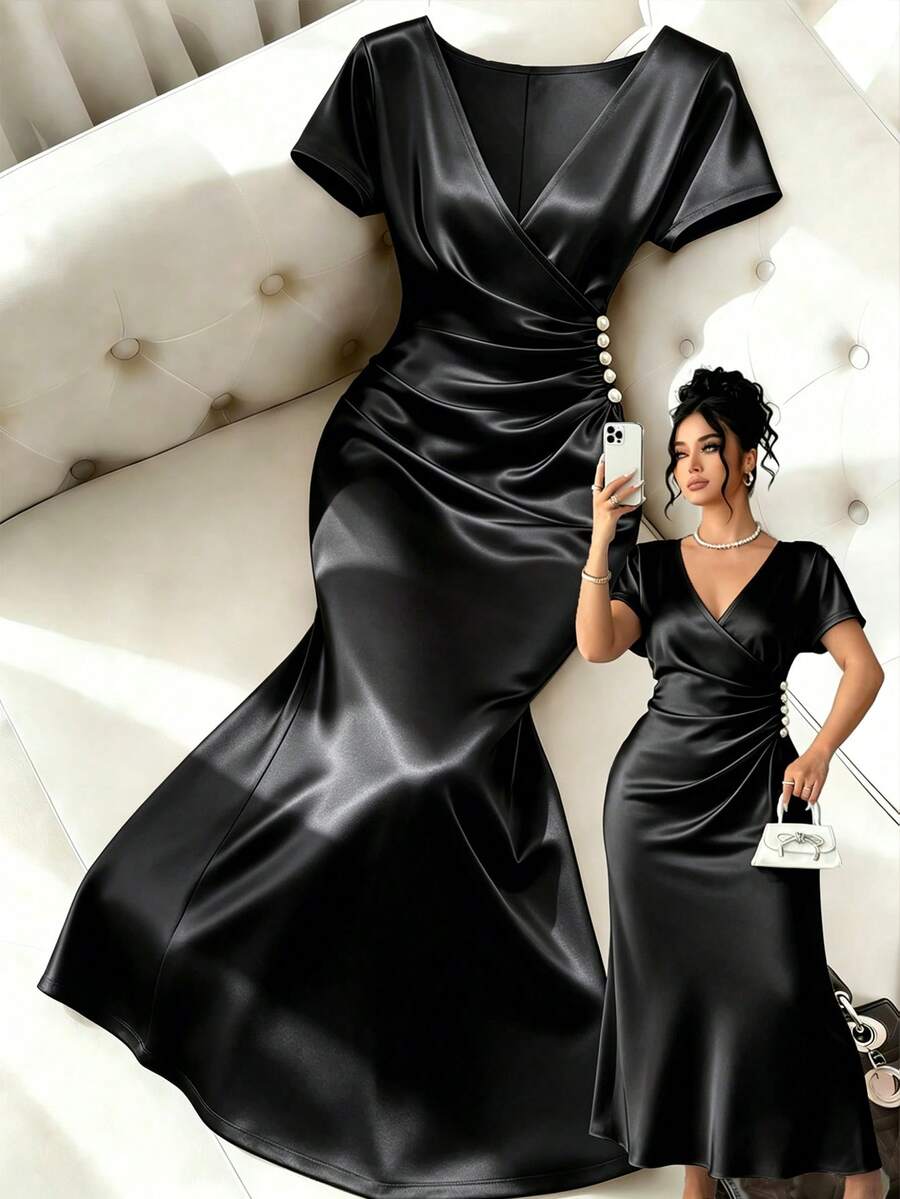 Franclia Plus Size Women Elegant Ruched Pearl Button Decor Short Sleeve Fishtail Dress, Spring/Summer Formal Black - Black - View 1