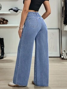 SHEIN Tall 女款高個子休閒百搭設計高腰直筒牛仔褲，日常穿著，藍色，秋季 - 淺色水洗藍 - 查看 2