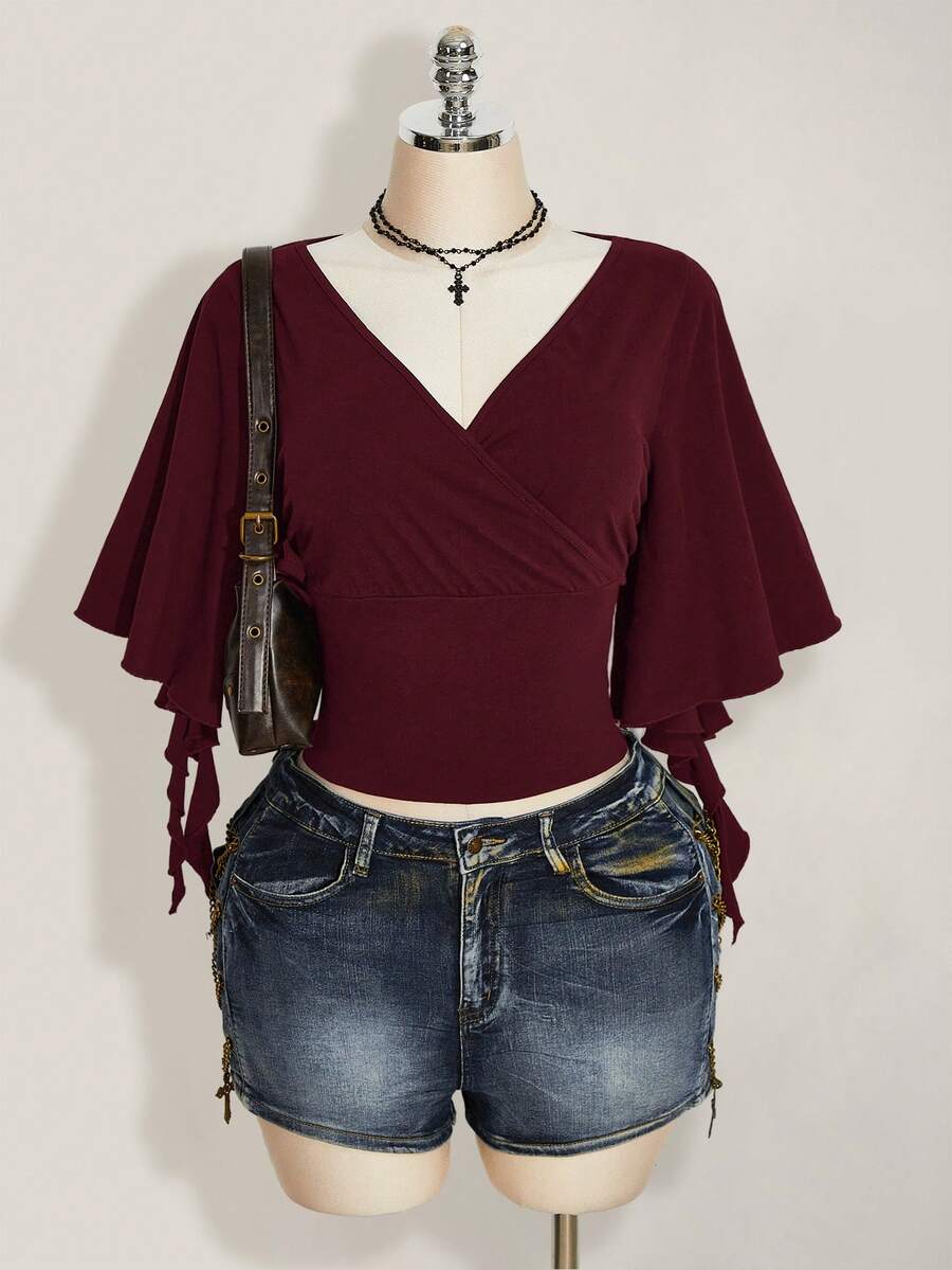 SHEIN ICON Women's Plus Size Cross V-Neck Ruffle Short Sleeve Casual T-Shirt - Red Violet - View 1