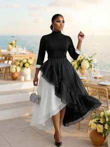 Fleurora Plus Size Women's Elegant Formal Black And White Autumn Chiffon Stand Collar 3/4 Sleeve Double Ruffle Hem Cinched Waist Midi Party Wedding Dress - Black and White - View 4