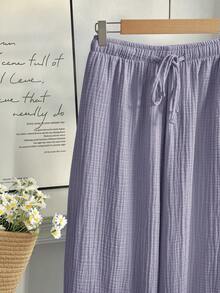 Comfortcana Plus Size Women Casual Vacation & Commute Solid Color Textured Fabric Drawstring Waist Wide Leg Pants Fall - Mauve Purple - View 2
