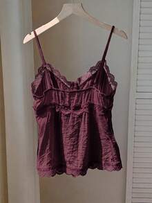 Comfortcana Women's Solid Color Contrast Lace Single-Breasted Camisole Top - Brown - View 2